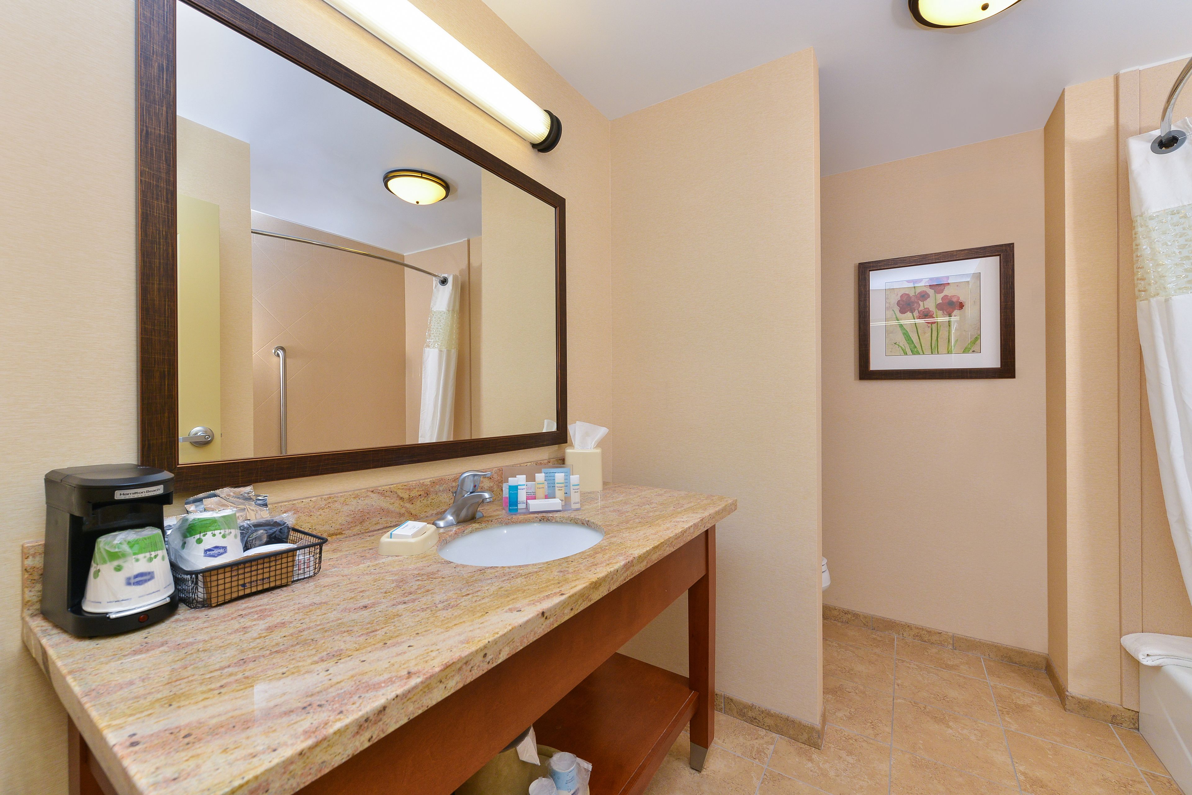 combined shower/bathtub, free toiletries, hair dryer, bathrobes