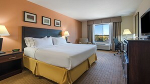 A hotel room with a large bed, two bedside tables with lamps, a desk with a chair, a television, and a large window with curtains. - Holiday Inn Express & Suites Lafayette East by IHG (Lafayette)