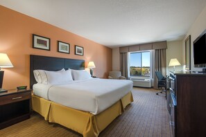 Relax in a spacious room with a large bed, desk, and TV, offering a view of the outdoors.