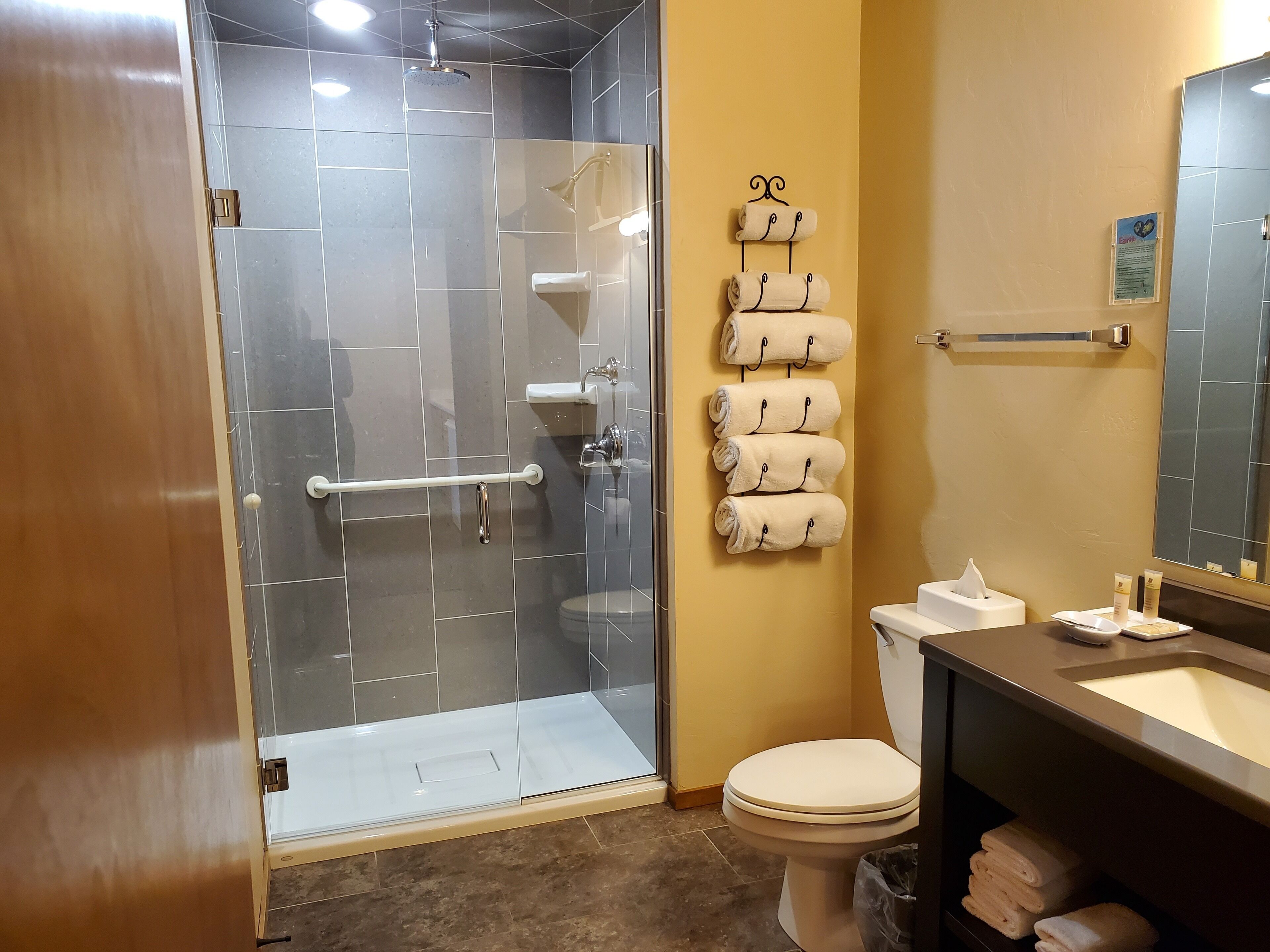 Een badkamer met een douche met glazen wand, een toilet en een wastafel met spiegel.