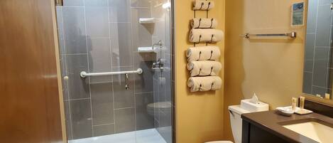 Een badkamer met een douche met glazen wand, een toilet en een wastafel met spiegel.