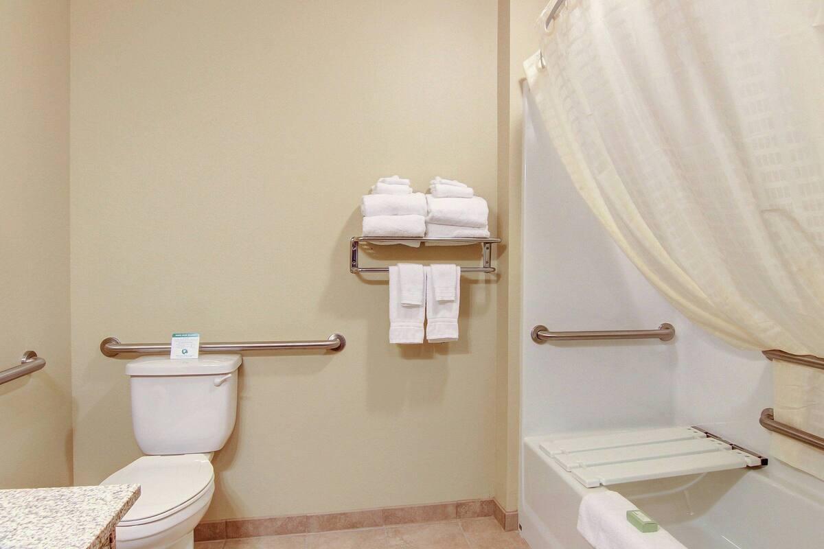 Ein Badezimmer mit Toilette, Waschbecken, einer Duschkabine und Handläufen.