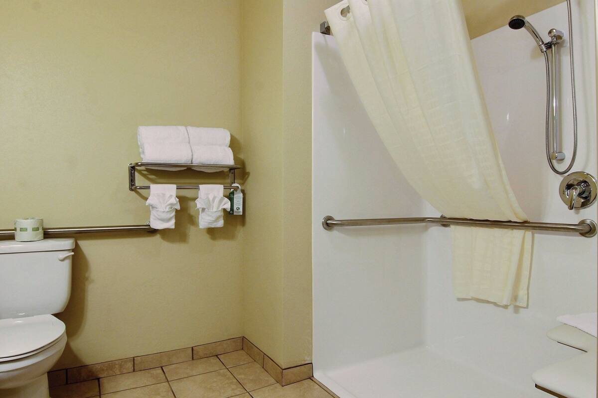 Ein Badezimmer mit Toilette, einer Duschkabine mit Glastür und einem Handtuchhalter mit gefalteten Handtüchern.