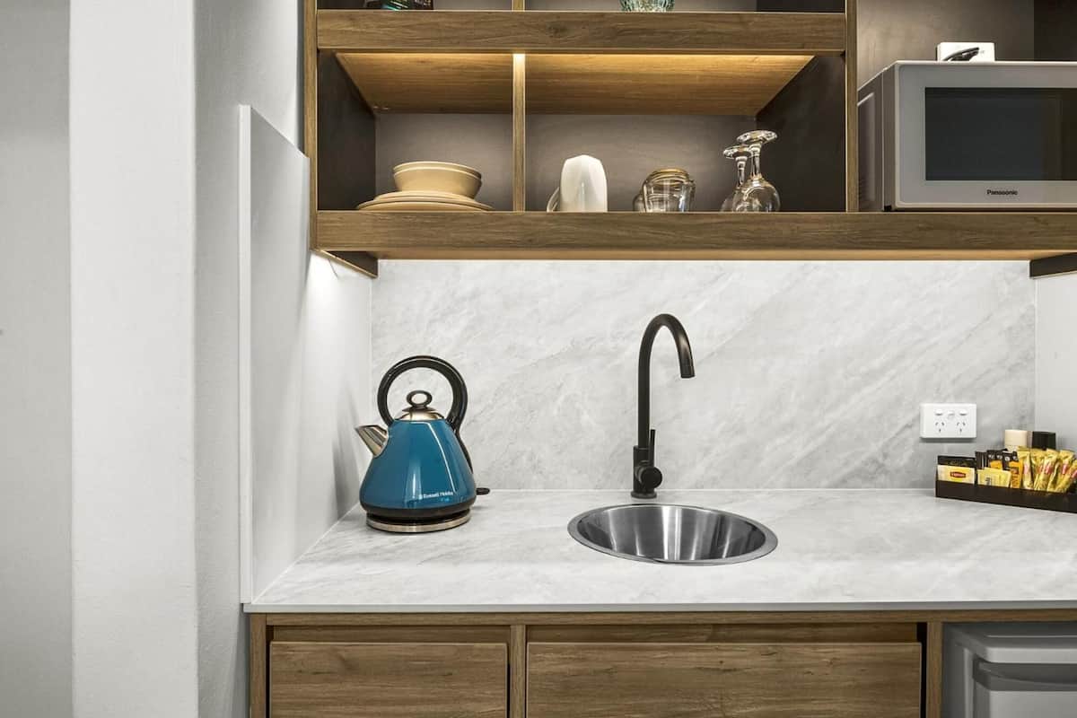 mini-fridge, microwave, coffee/tea maker, electric kettle