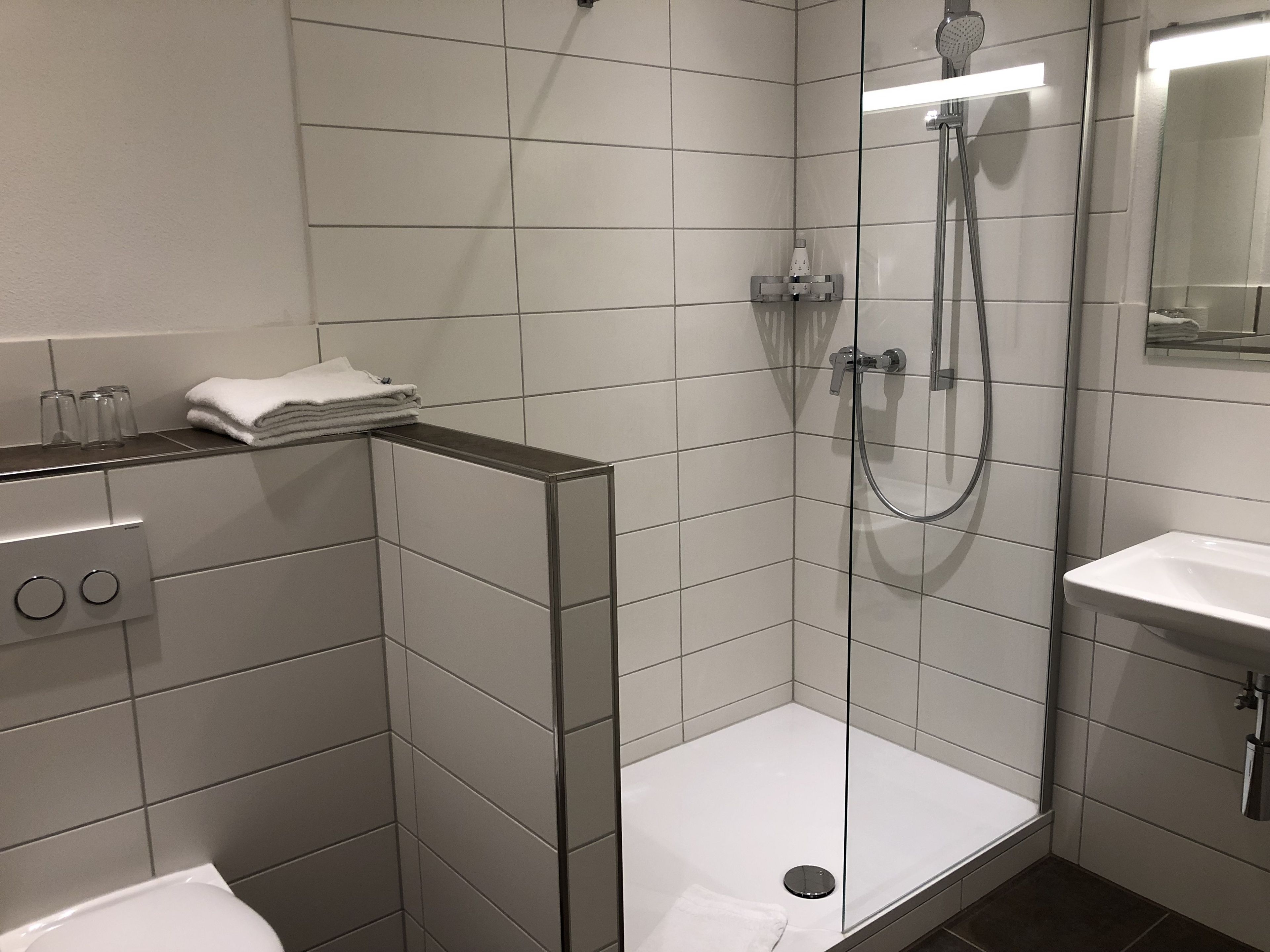 A modern bathroom with a glass-enclosed shower, a white sink, and a toilet.