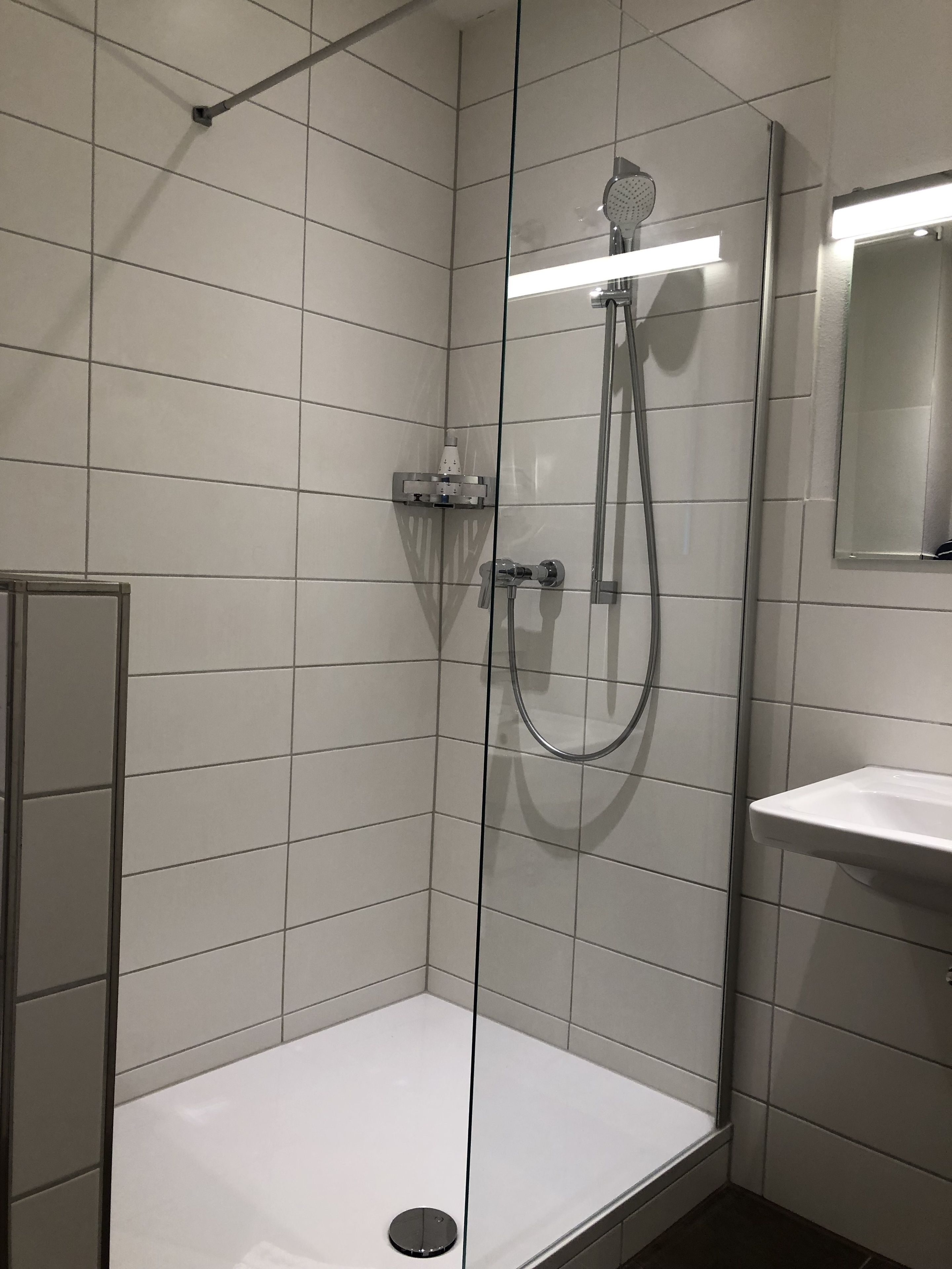 A modern shower stall with a glass door, a handheld showerhead, and a wall-mounted faucet.