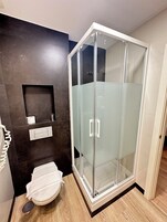 A modern bathroom with a glass shower enclosure, a toilet, and a wall-mounted towel rack.