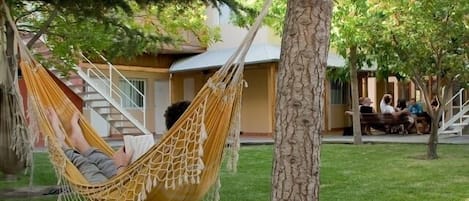 A hammock tied between trees in a grassy area with a building in the background.