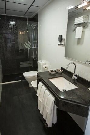 Shower, hair dryer, towels