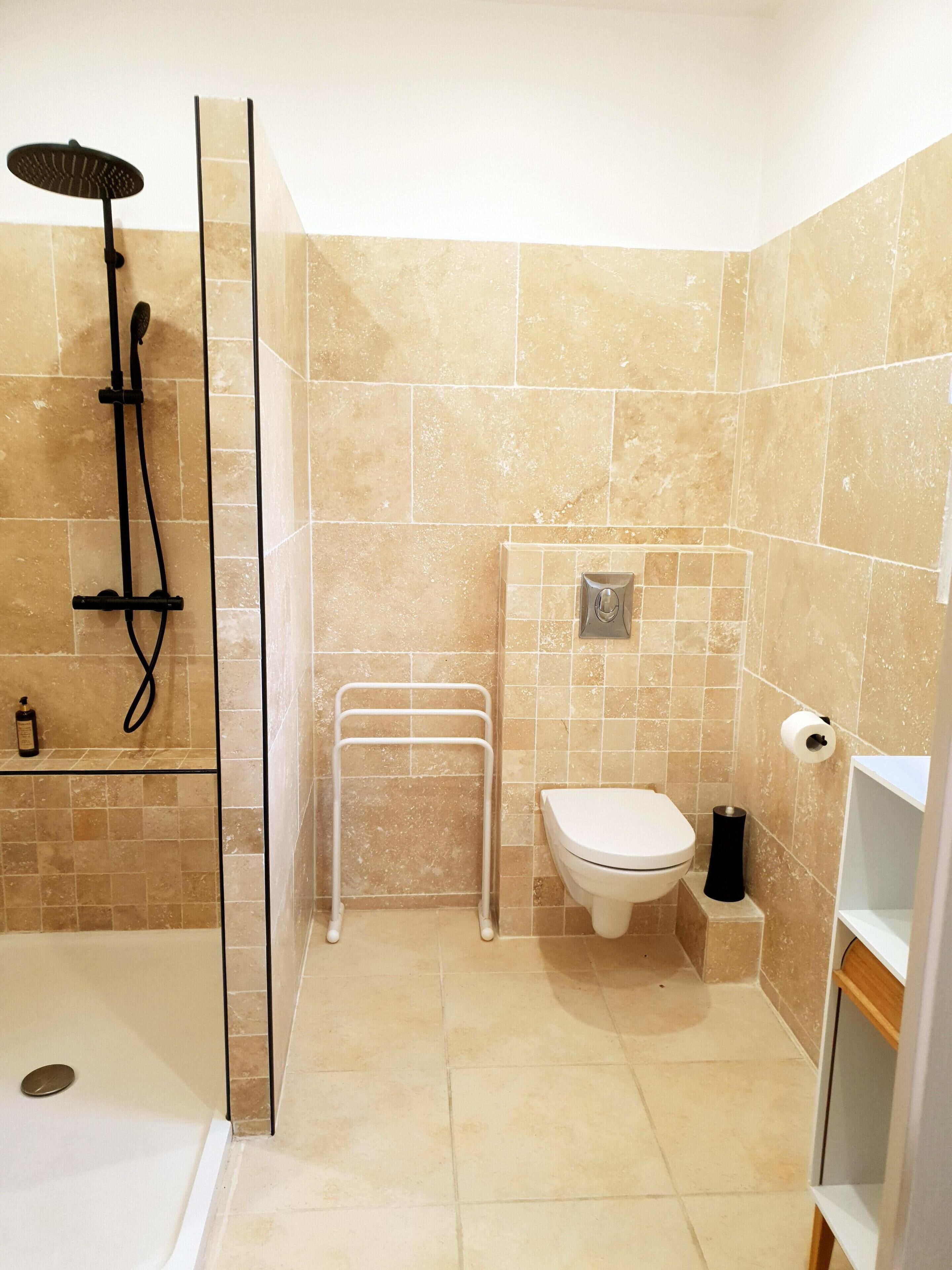 A bathroom with a shower, toilet, and a small shelf.