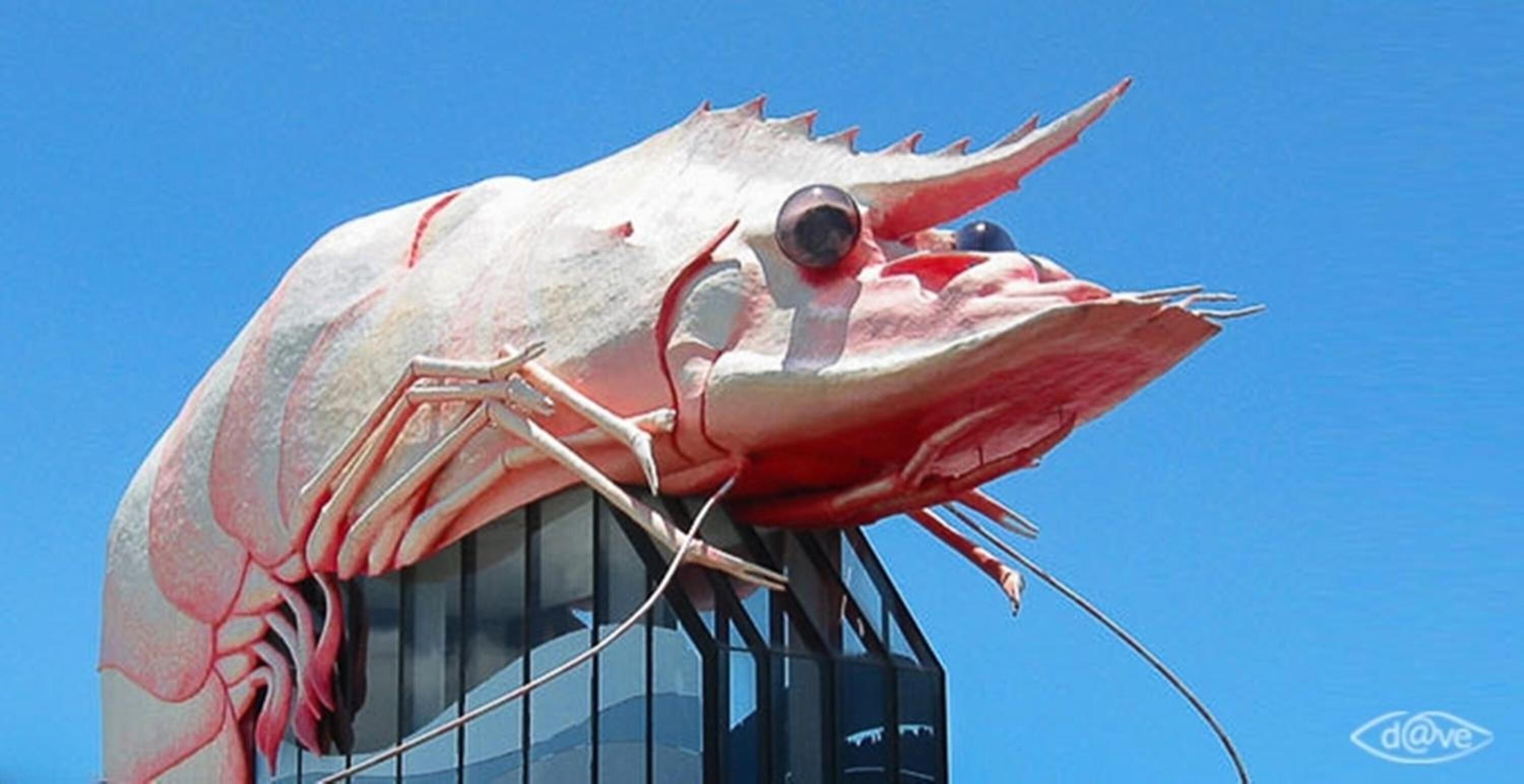 Una gran escultura de un camarón montada en un edificio.