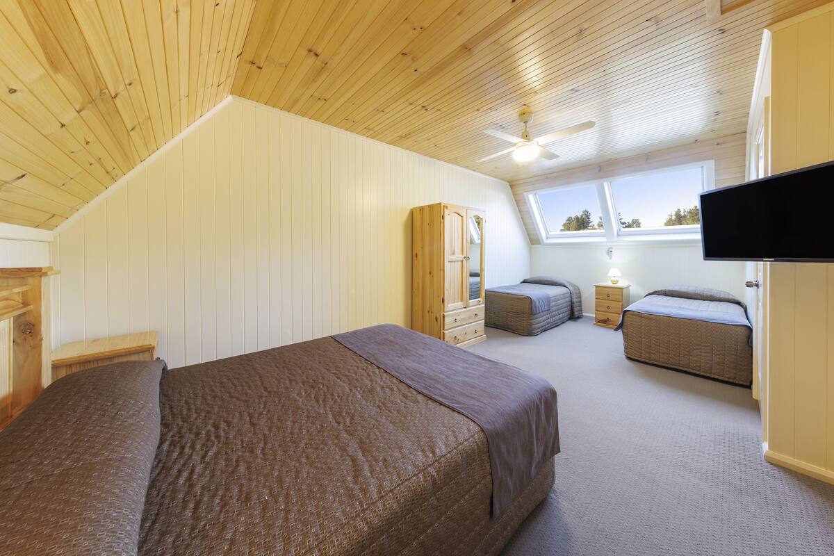A bedroom with a sloped ceiling, a bed, a wardrobe, a television, and a window.