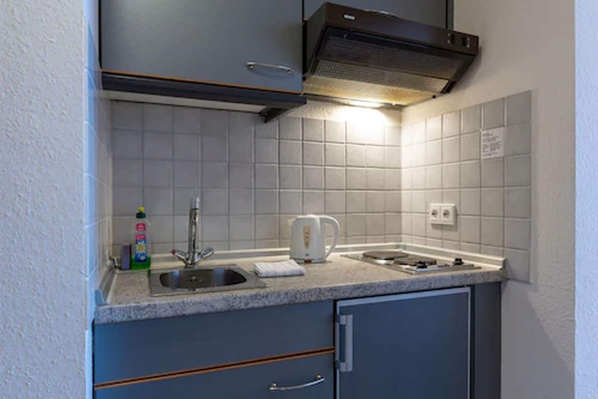 Fridge, stovetop, cleaning supplies