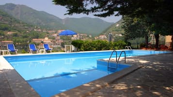 Seasonal outdoor pool, pool umbrellas, pool loungers