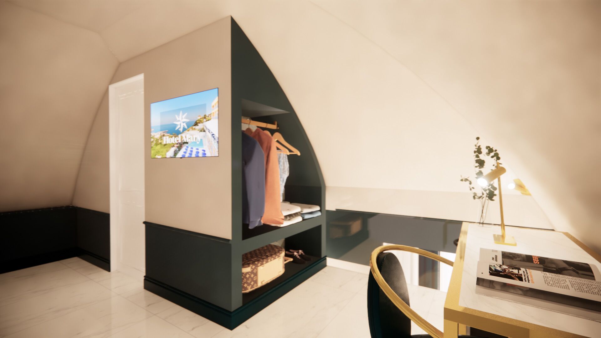 A modern, compact room with a built-in wardrobe, a desk with a chair, and a lamp.