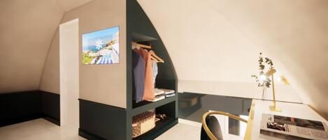 A modern, compact room with a built-in wardrobe, a desk with a chair, and a lamp.