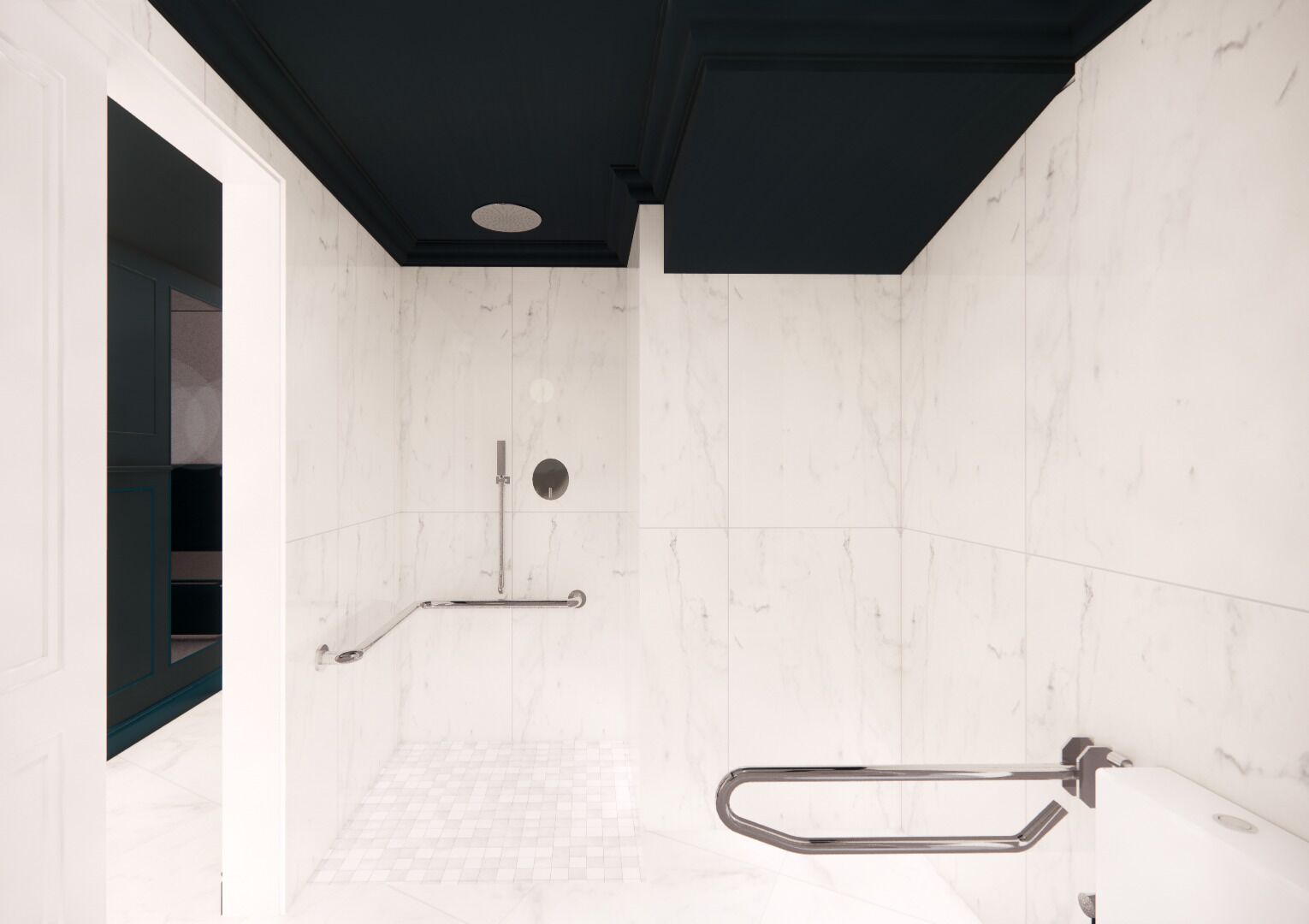 A modern bathroom with white marble walls and a black ceiling. It includes a shower area with a handheld showerhead and a grab bar.