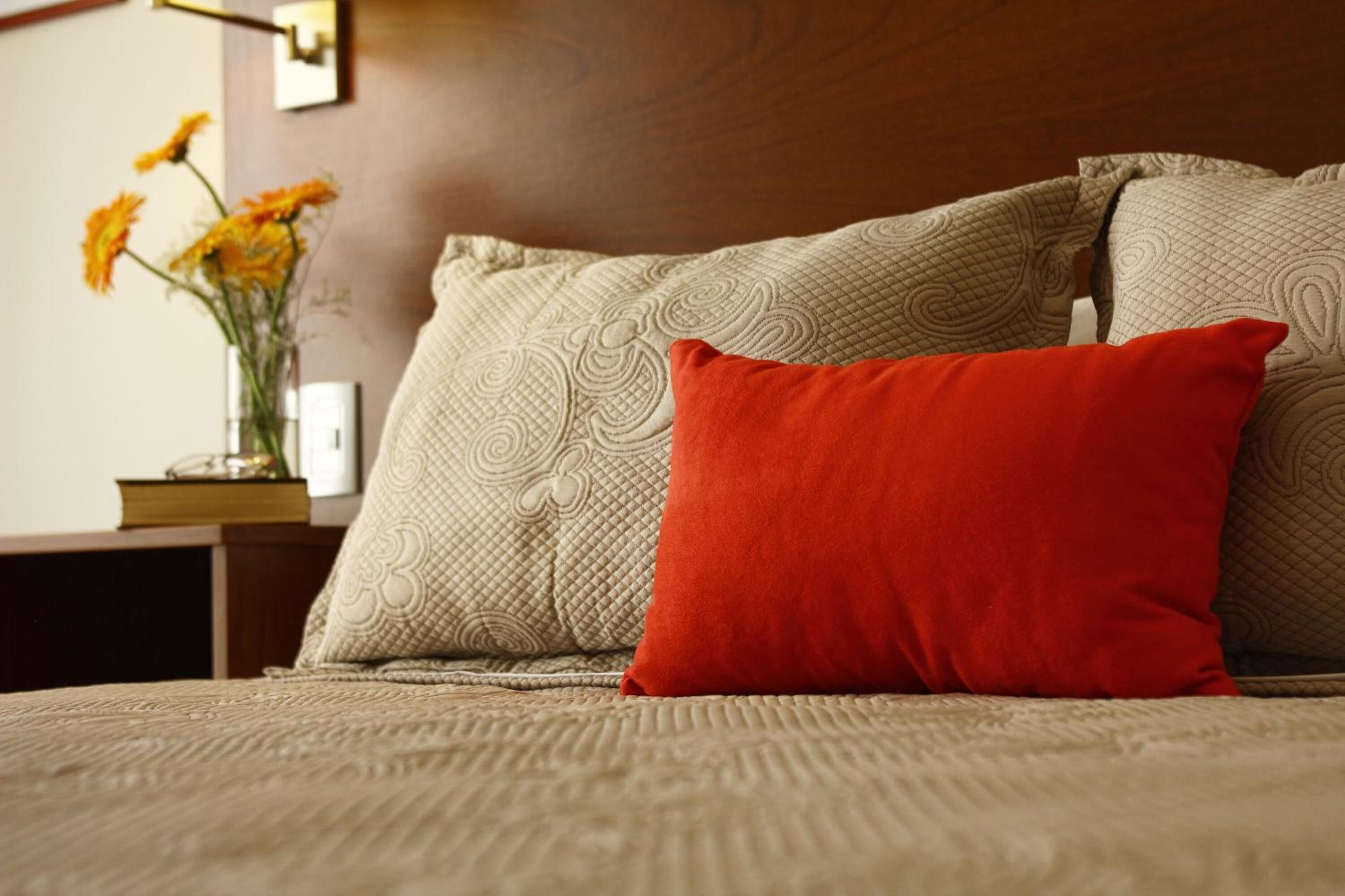 A bed with patterned pillows and a red accent pillow.