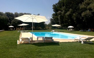 Outdoor pool, pool umbrellas, pool loungers
