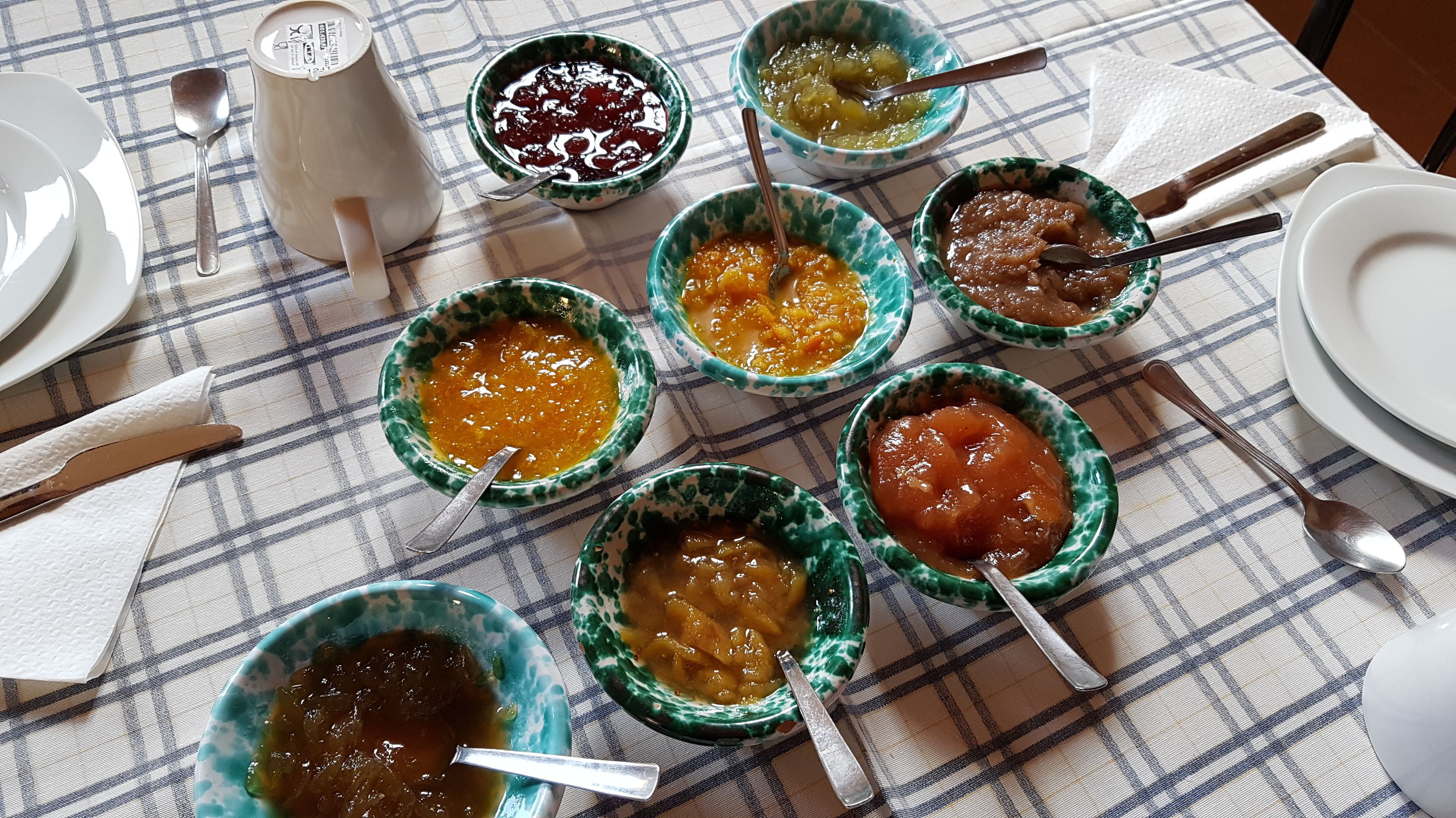 A table with various bowls of food, a white mug, and a knife on a checkered tablecloth.