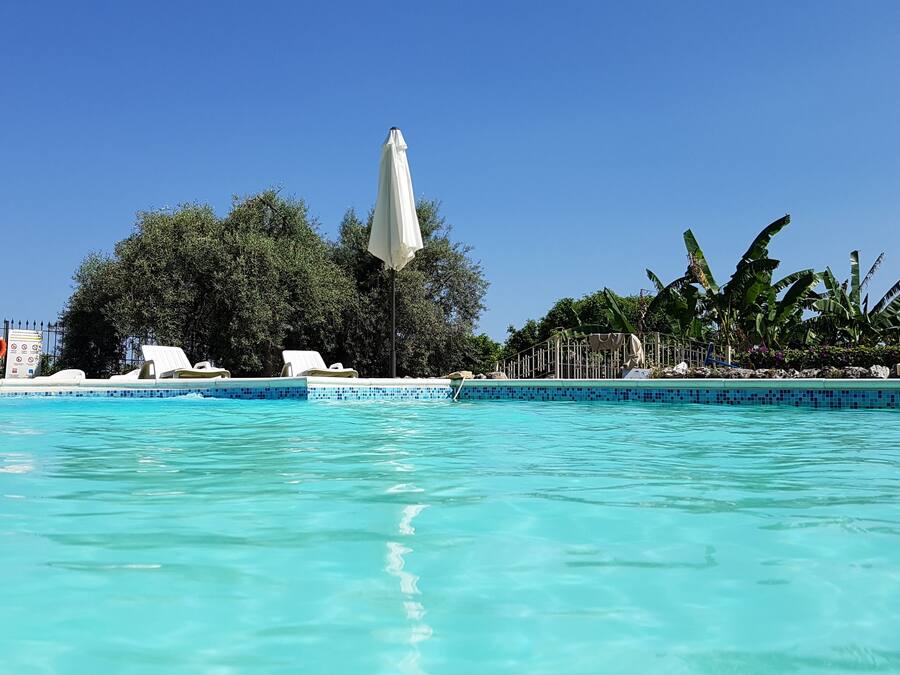 Outdoor pool, pool umbrellas, sun loungers
