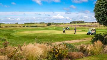 Enjoy a round of golf on our meticulously maintained course, featuring lush greenery and well-defined putting greens.