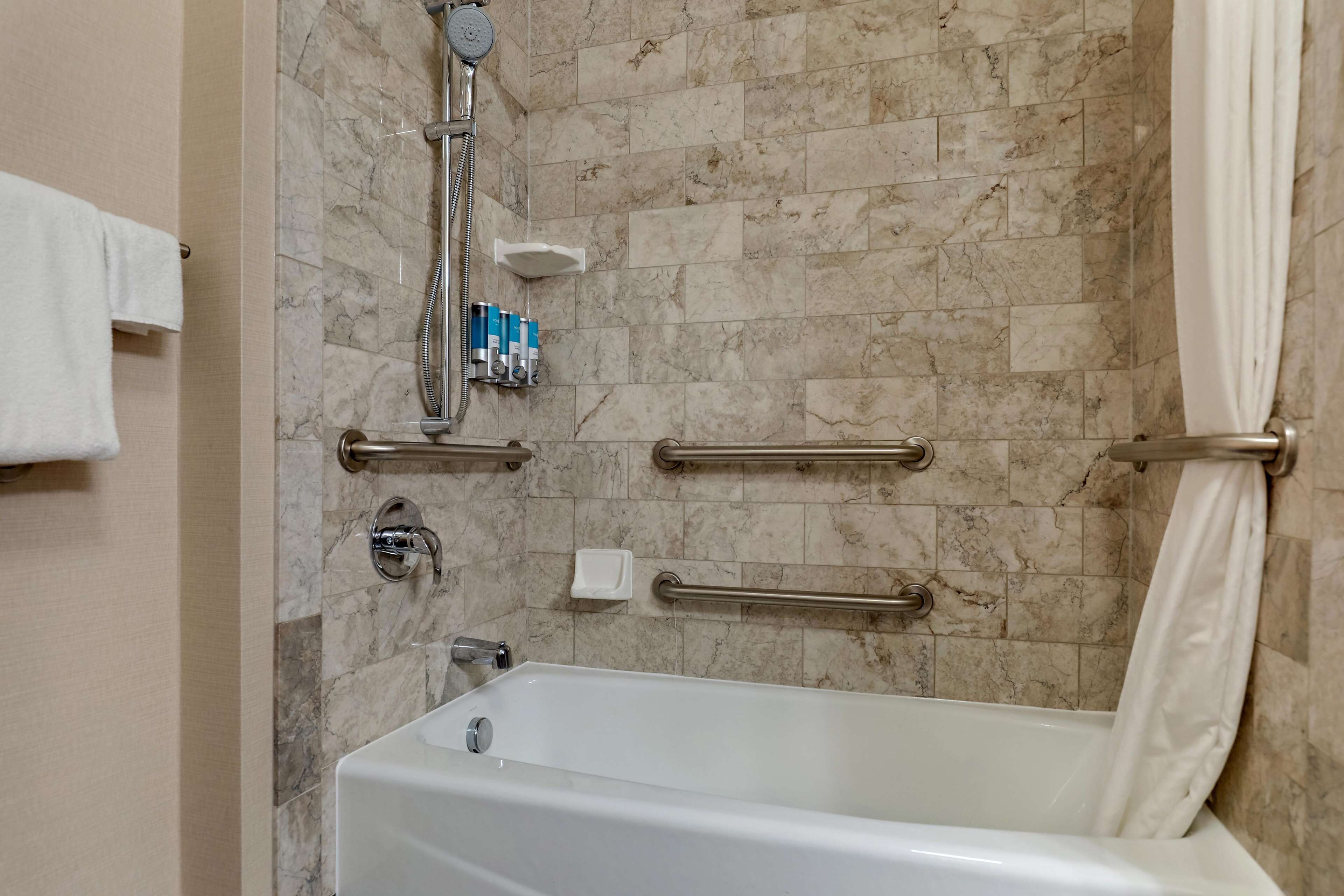 A modern bathroom with a bathtub, a shower, and grab bars.