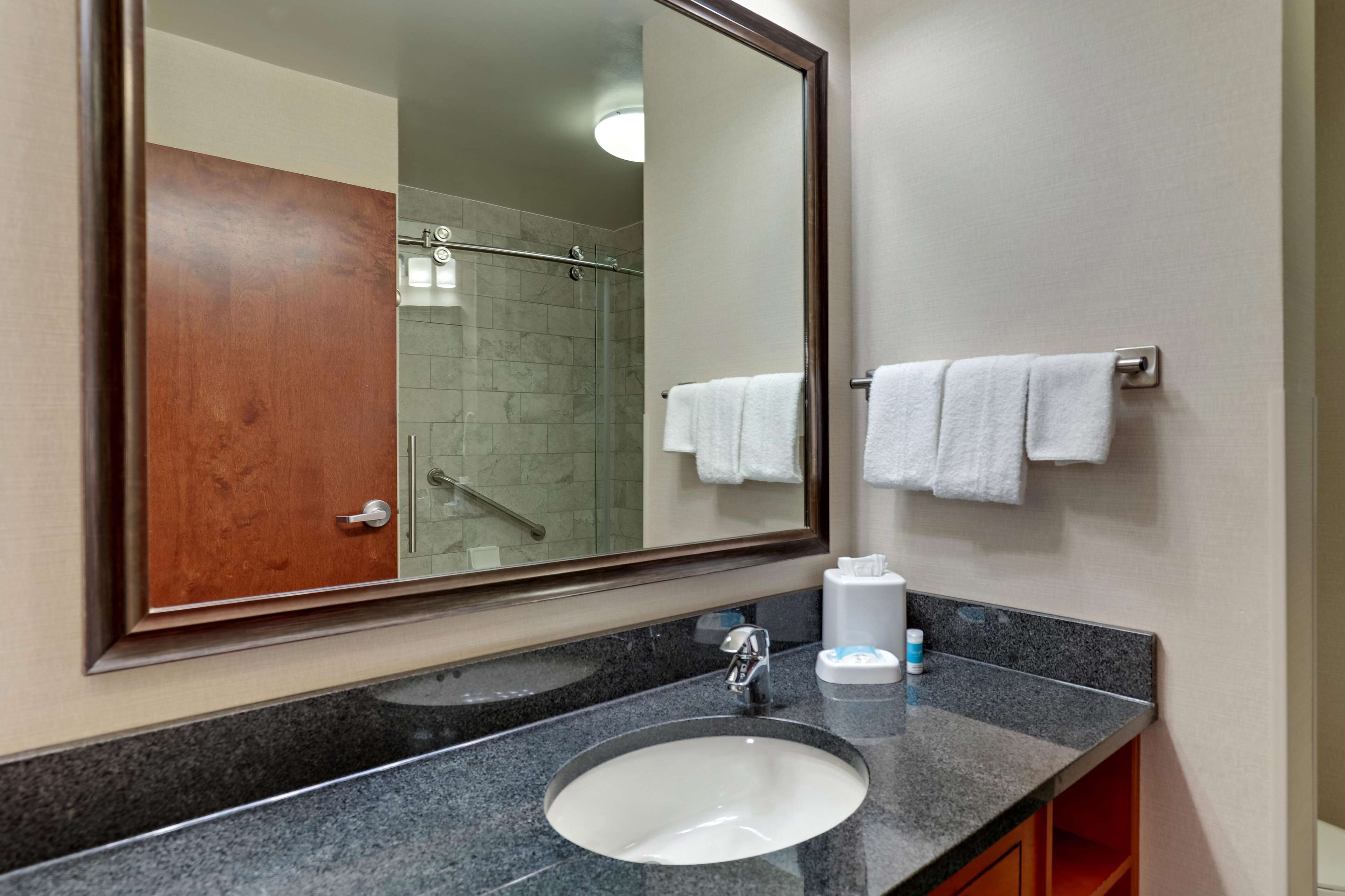 combined shower/bathtub, free toiletries, hair dryer, towels