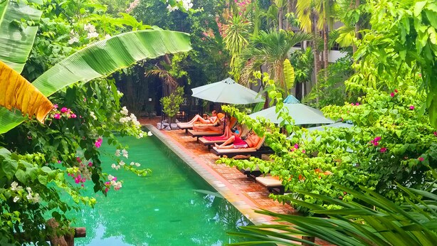 A poolside area with lounge chairs and umbrellas, surrounded by lush greenery and flowers.