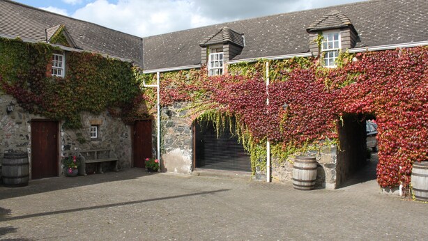 A courtyard with stone walls, wooden barrels, and a building partially covered in red and green vines. - Clenaghans (Craigavon)