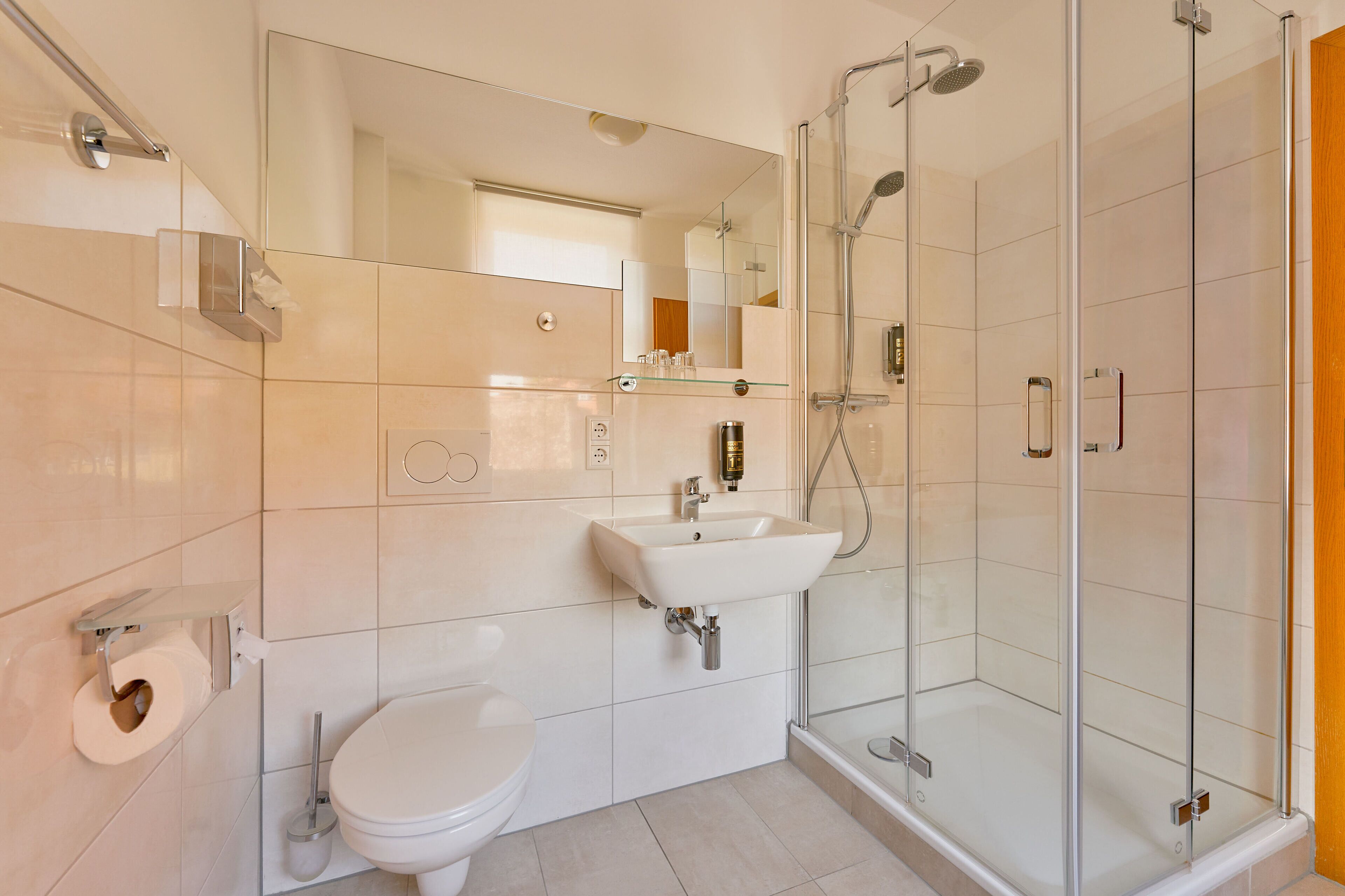 comfort double room | bathroom | shower, hair dryer, towels
