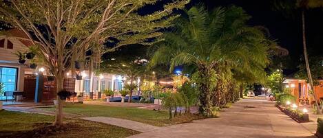 A nighttime view of a resort with a paved walkway, palm trees, and lit buildings.