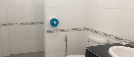 A bathroom with a toilet, a sink, and a shower.