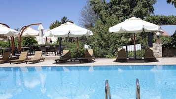 Seasonal outdoor pool, pool umbrellas, pool loungers