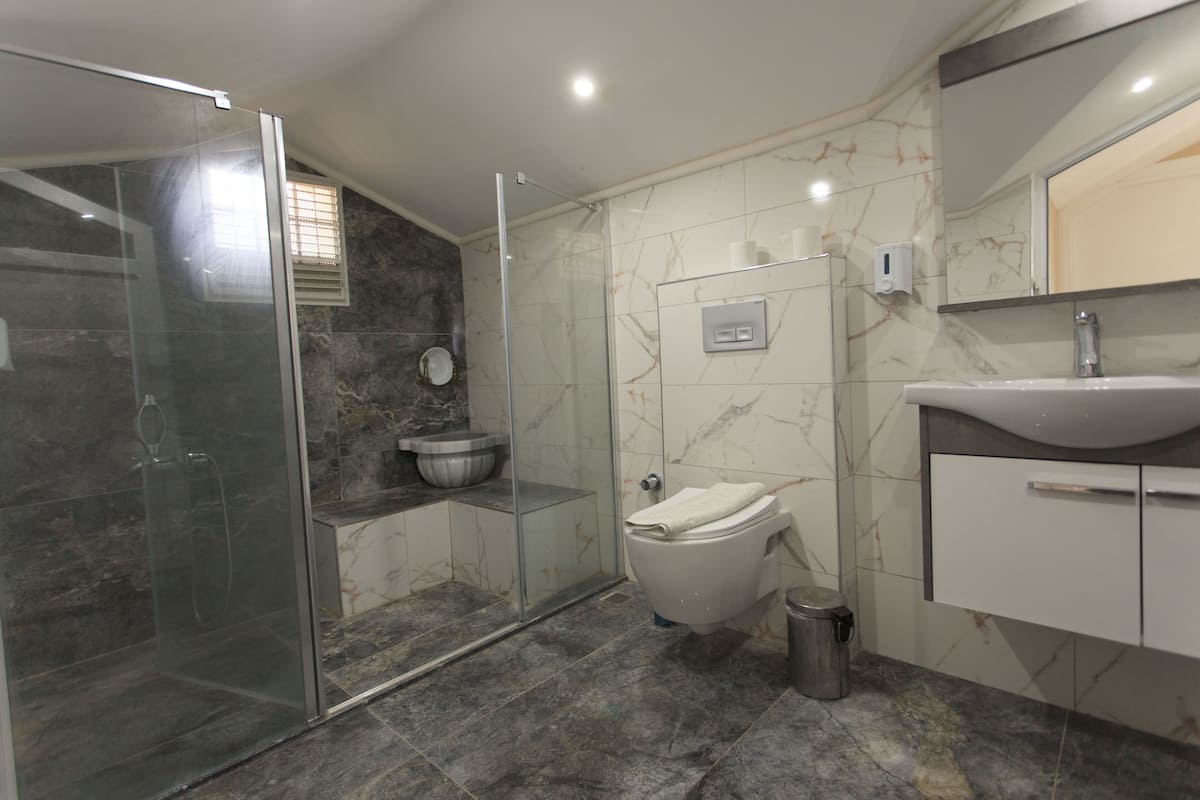 Loft Keluarga | Kamar mandi | Shower, pancuran hujan, pengering rambut, dan handuk