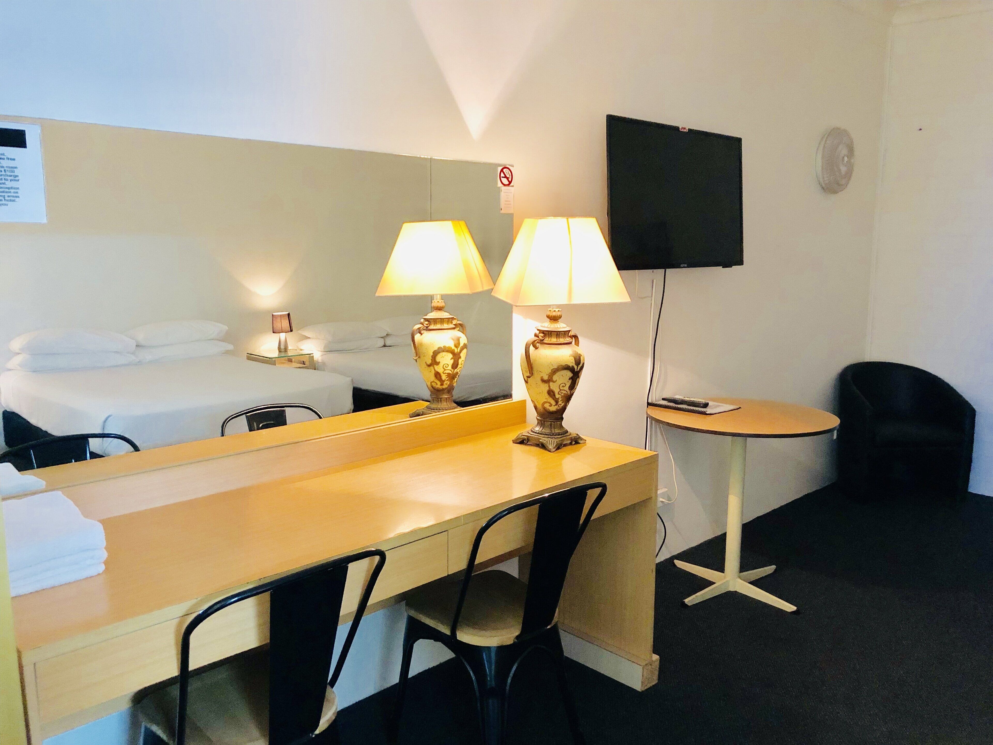 Desk, blackout curtains, soundproofing, cots/infant beds