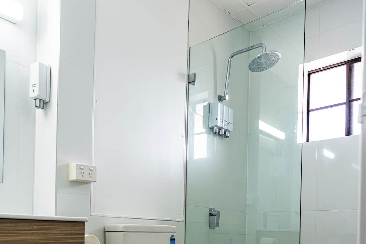 Combined shower/tub, free toiletries, towels