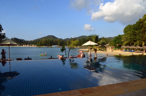 2 ulkouima-allasta, aurinkovarjoja, aurinkotuoleja