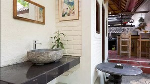 Une salle de bain avec un lavabo en pierre, un miroir et une plante en pot.