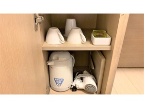 Fridge, microwave, electric kettle