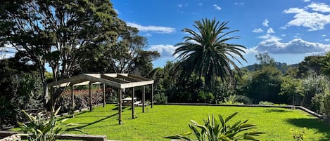 A garden with a pergola, green grass, and various plants.