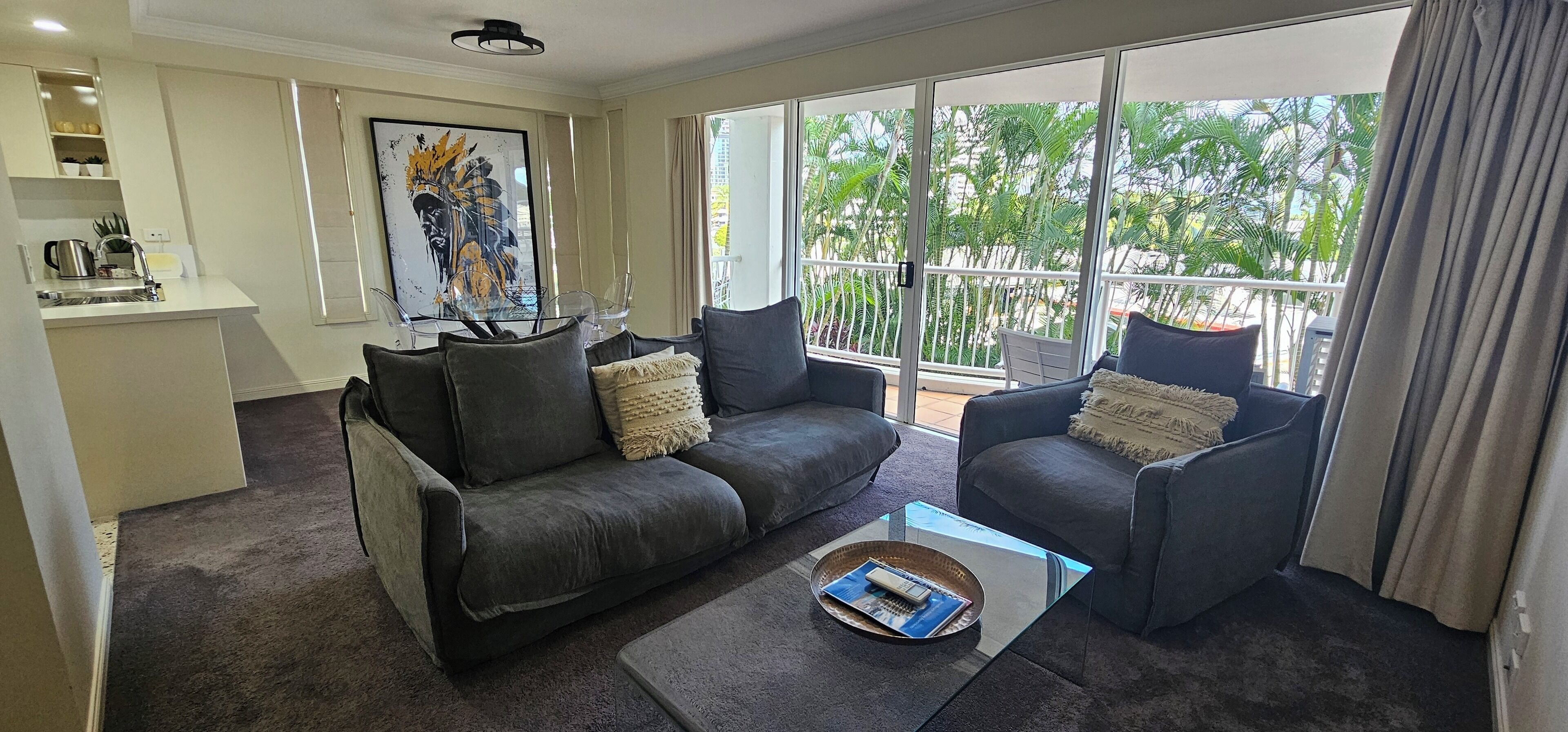 one bedroom apartment - balcony | living area | smart tv