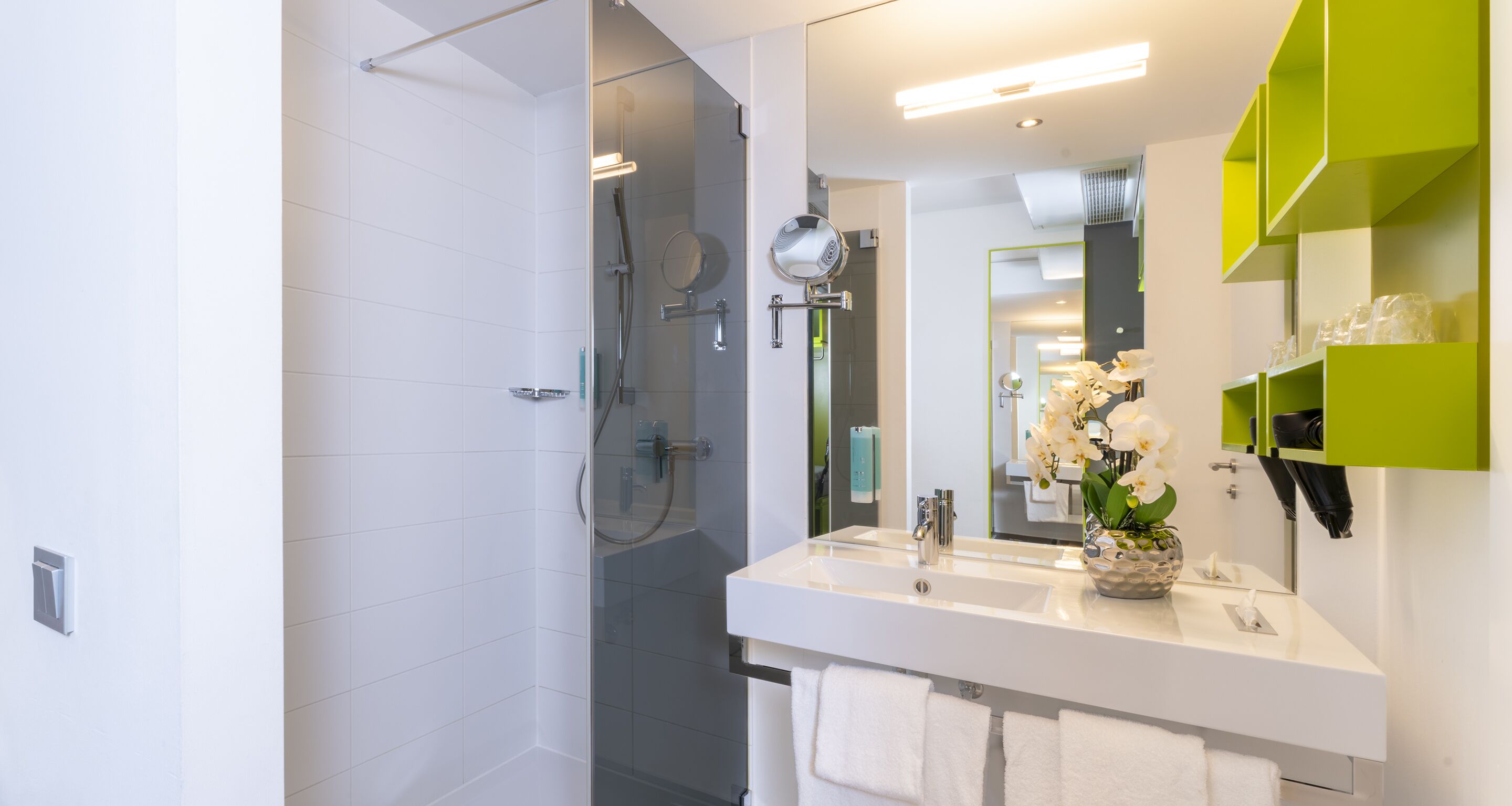 A modern bathroom with a glass-enclosed shower, a white sink, and a mirror.