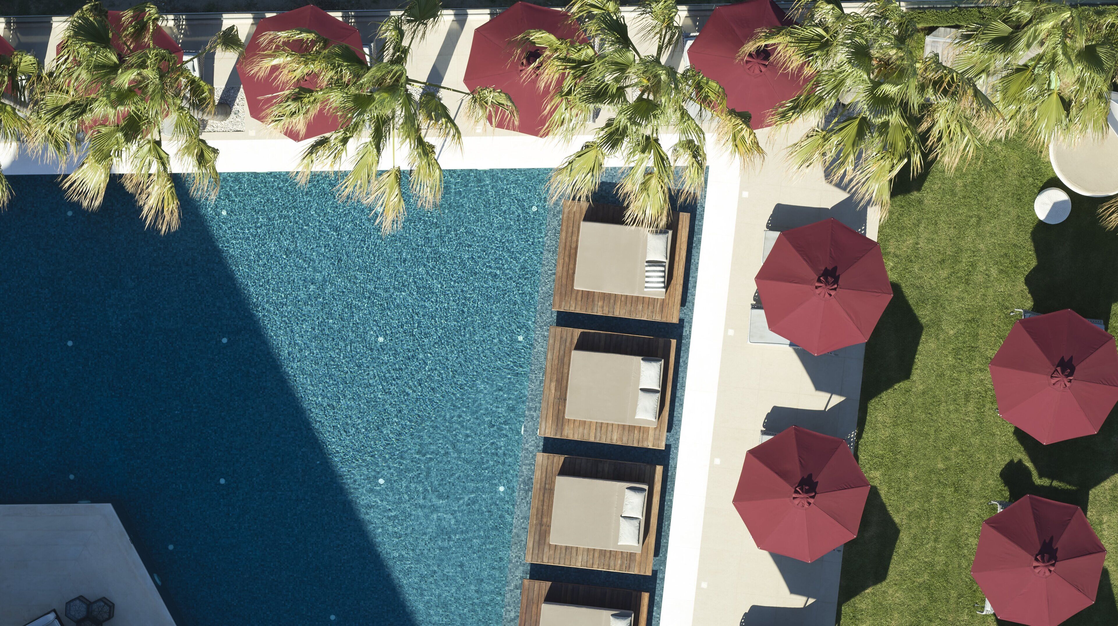 An aerial view of a pool area with multiple lounge chairs and umbrellas, surrounded by palm trees.