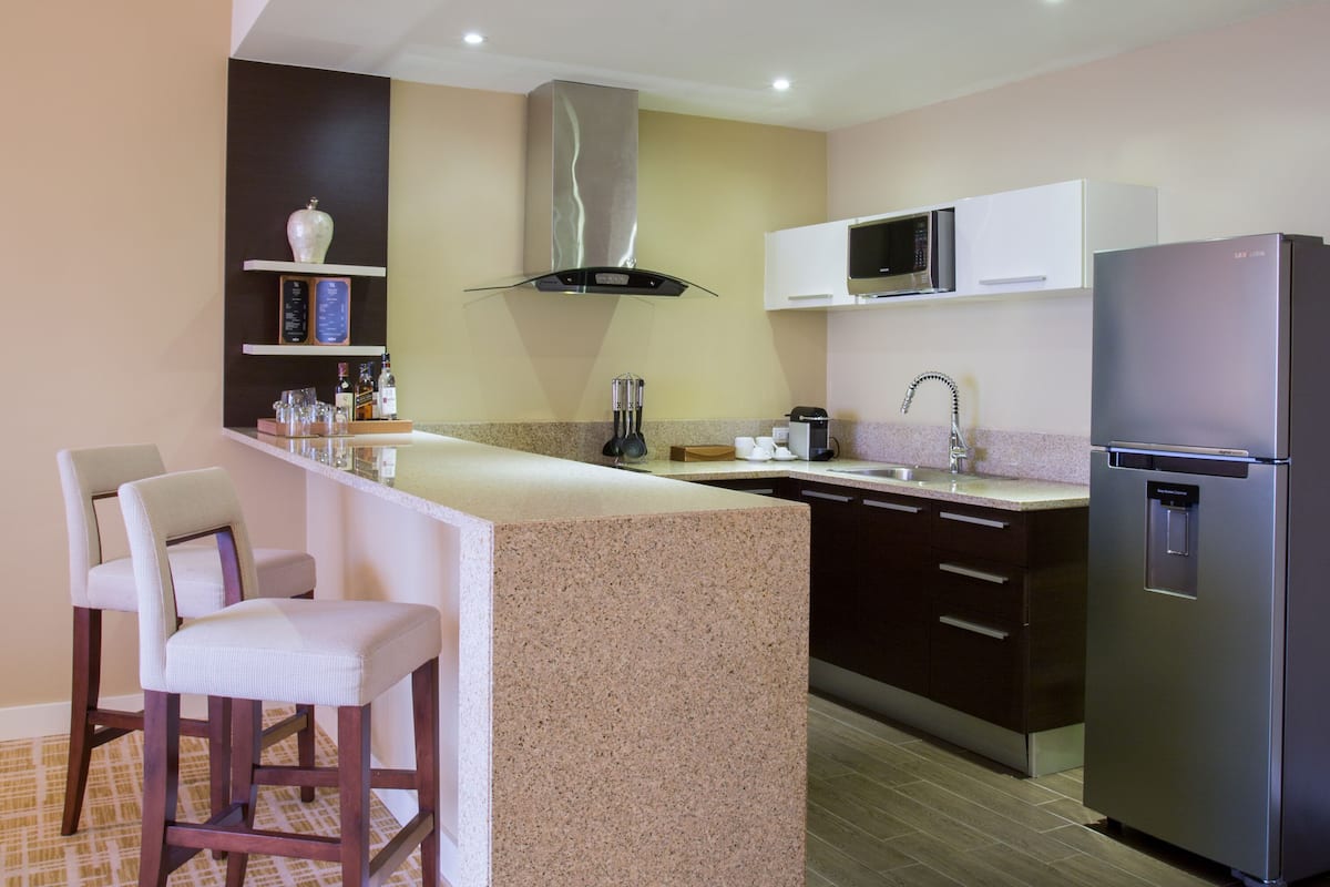 oven, coffee/tea maker, high chair