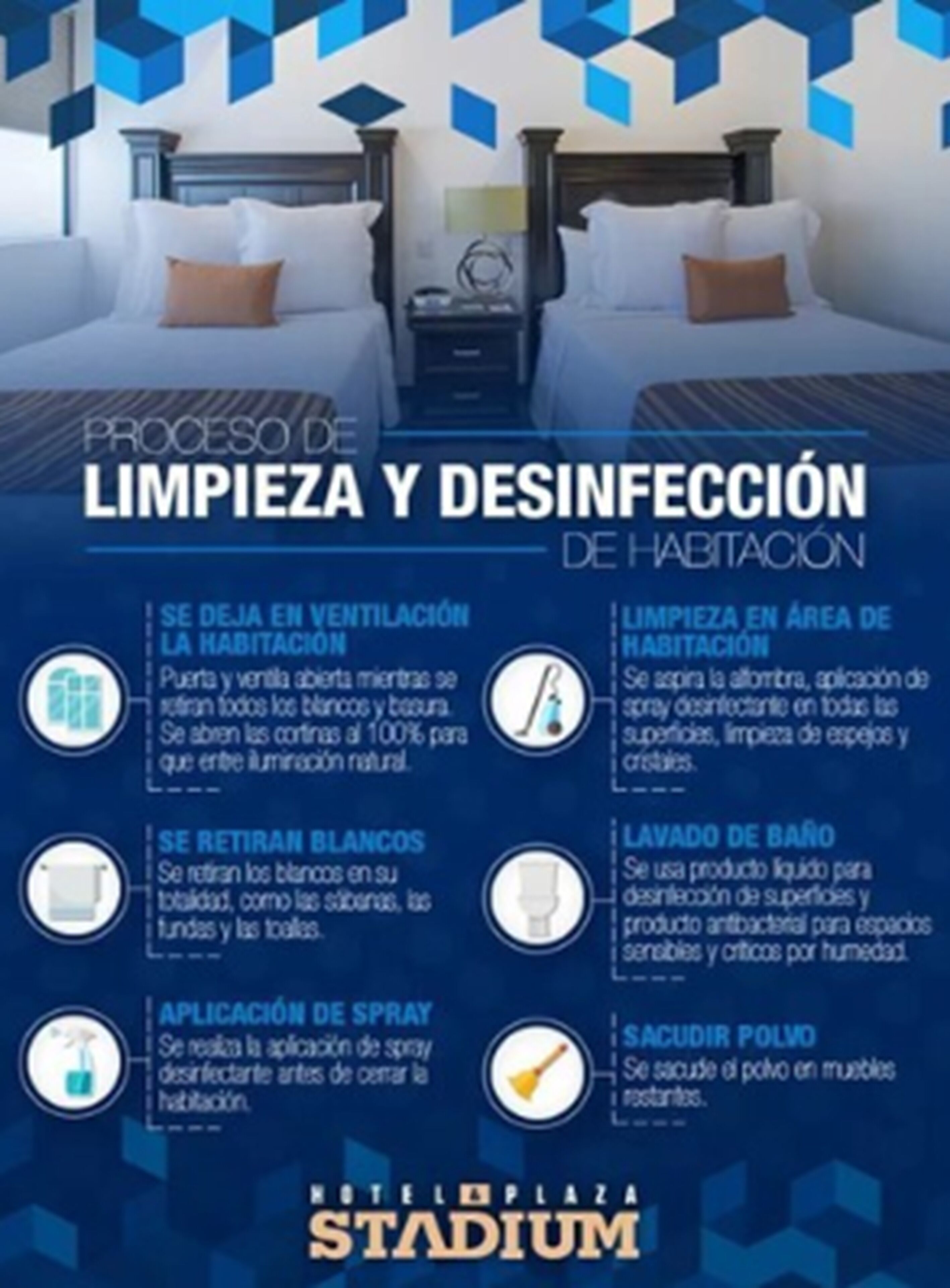A hotel room with a bed, a nightstand, and a window. The room has a blue and white color scheme.