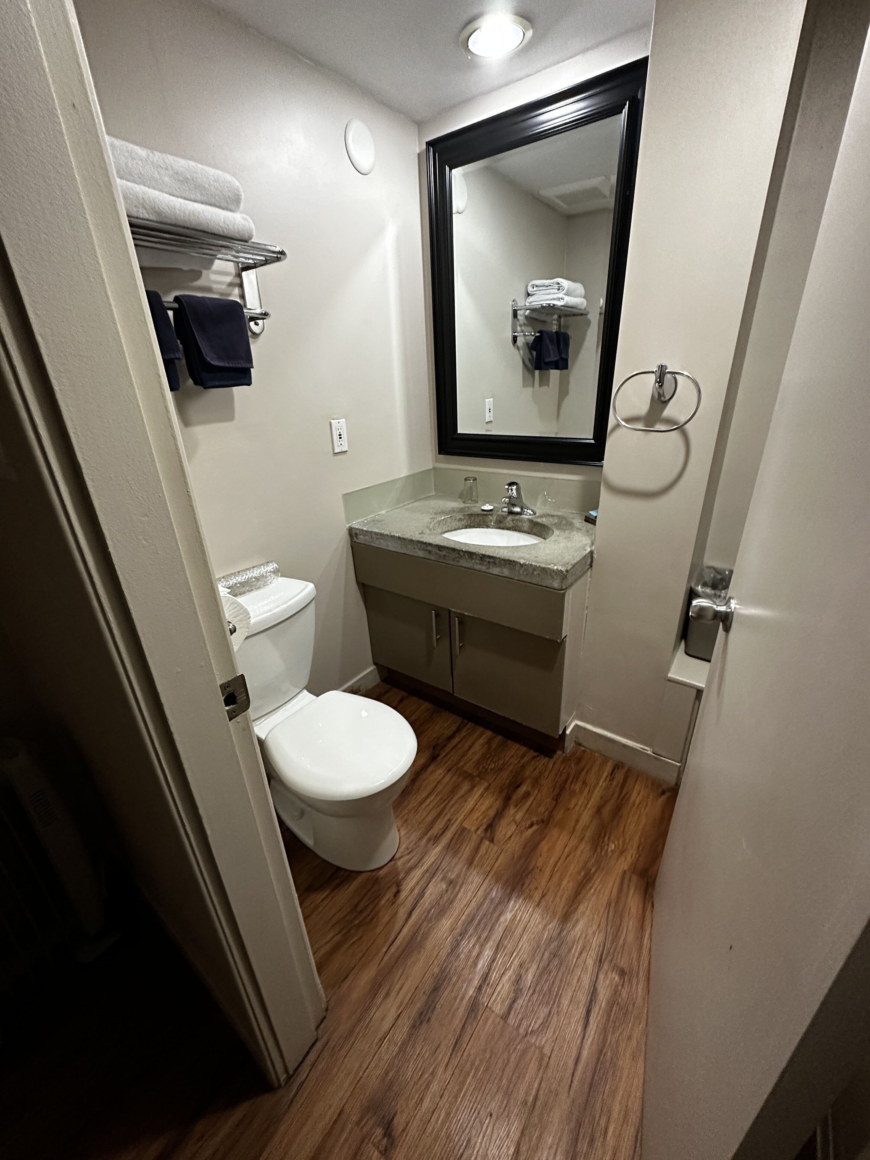 Ein kleines Badezimmer mit Toilette, Waschbecken mit Spiegel darüber und einem Handtuchhalter.