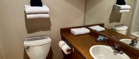 A bathroom with a toilet, sink, and mirror. There are towels and toiletries on the counter.