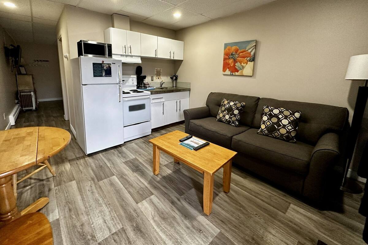 A compact living space with a kitchenette, a sofa, a coffee table, and a dining area.