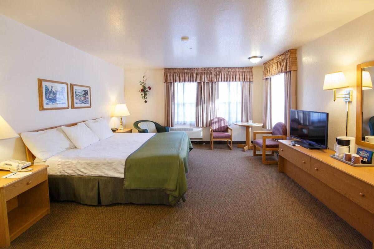 Une chambre d’hôtel avec un lit, un bureau, une chaise, une télévision et une lampe.
